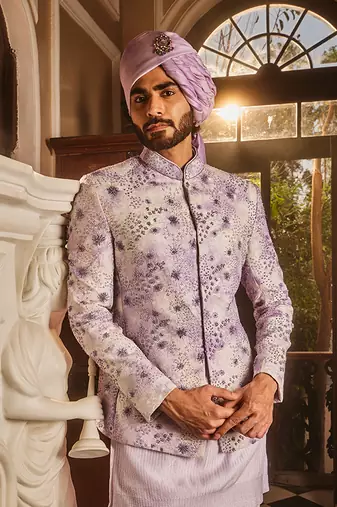 Lilac chanderi silk tie-dye embroidered bandhgala set