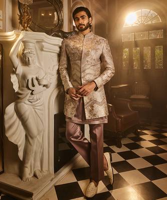 Ash grey embellished raw silk indo-western set 1