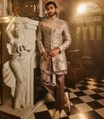 Ash grey embellished raw silk indo-western set
