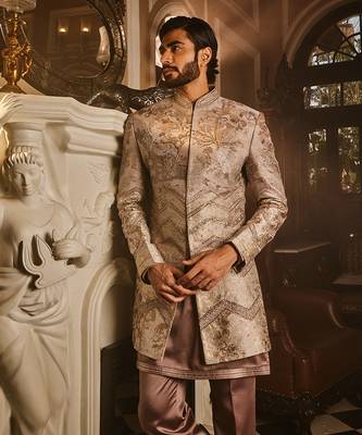 Ash grey embellished raw silk indo-western set 2