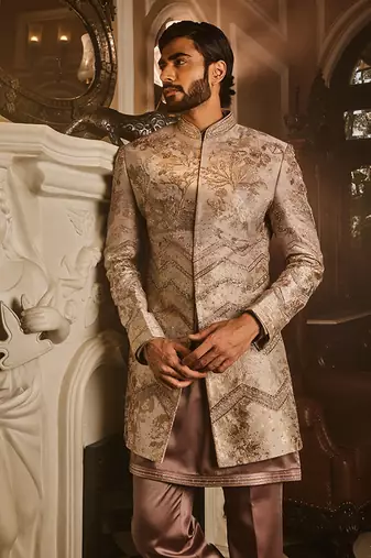 Ash grey embellished raw silk indo-western set