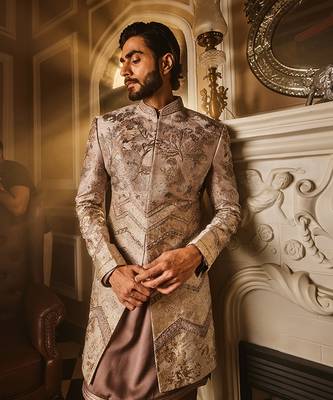 Ash grey embellished raw silk indo-western set 3