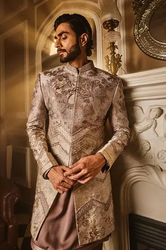 Ash grey embellished raw silk indo-western set