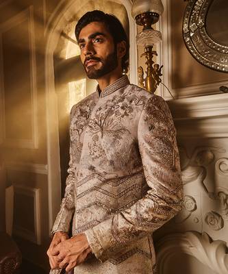 Ash grey embellished raw silk indo-western set 4