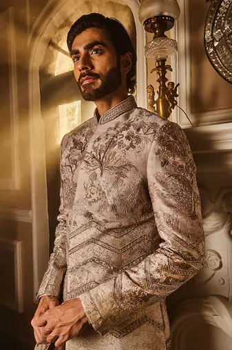 Ash grey embellished raw silk indo-western set