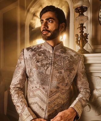 Ash grey embellished raw silk indo-western set 5