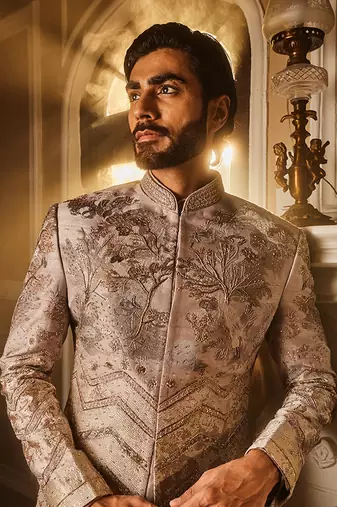 Ash grey embellished raw silk indo-western set
