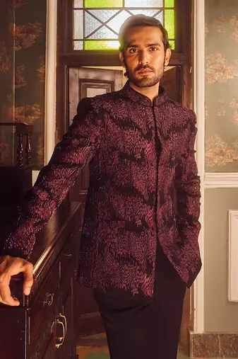 Wine tigene pitta embroidered bandhgala
