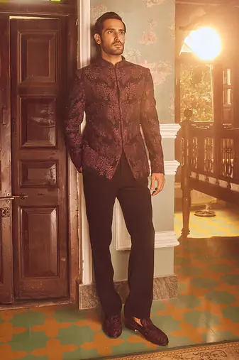 Wine tigene pitta embroidered bandhgala