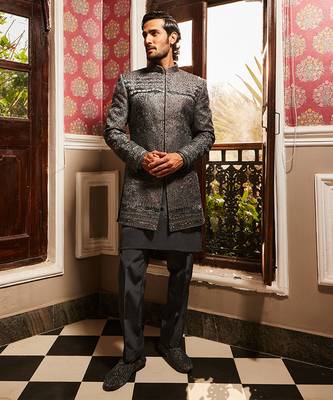 Charcoal grey raw silk embroidered indo-western set 1