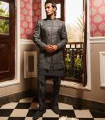 Charcoal grey raw silk embroidered indo-western set