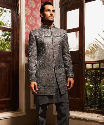 Charcoal grey raw silk embroidered indo-western set 2