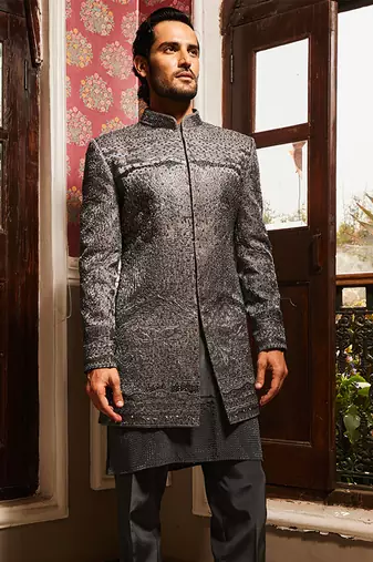 Charcoal grey raw silk embroidered indo-western set