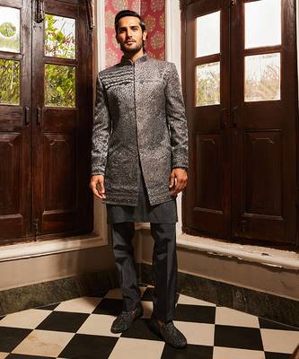 Charcoal grey raw silk embroidered indo-western set 3