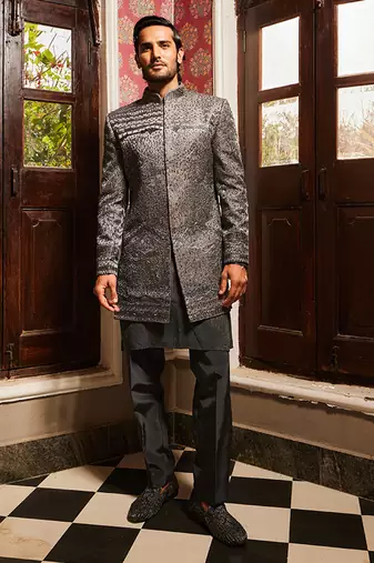 Charcoal grey raw silk embroidered indo-western set
