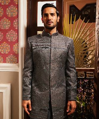 Charcoal grey raw silk embroidered indo-western set 4