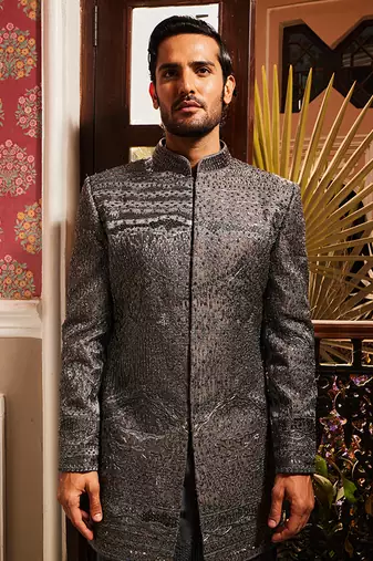 Charcoal grey raw silk embroidered indo-western set