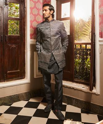 Charcoal grey raw silk embroidered indo-western set 5
