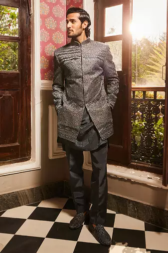 Charcoal grey raw silk embroidered indo-western set