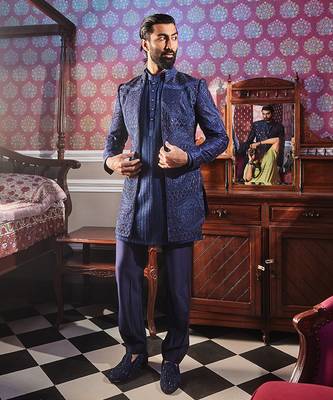 Navy open raw silk embroidered indo-western set 1
