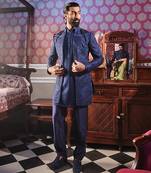 Navy open raw silk embroidered indo-western set