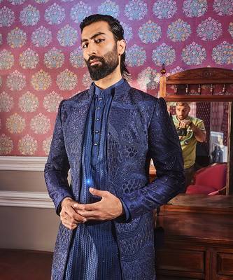 Navy open raw silk embroidered indo-western set 2