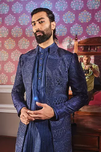 Navy open raw silk embroidered indo-western set