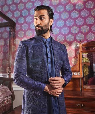 Navy open raw silk embroidered indo-western set 3