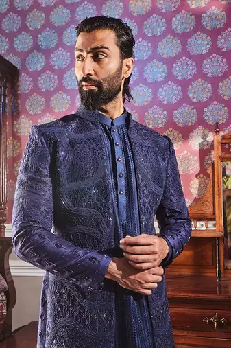 Navy open raw silk embroidered indo-western set