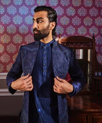 Navy open raw silk embroidered indo-western set 4
