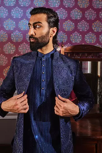 Navy open raw silk embroidered indo-western set