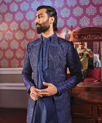 Navy open raw silk embroidered indo-western set 5