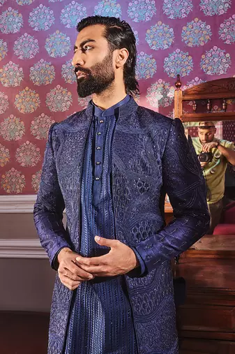Navy open raw silk embroidered indo-western set
