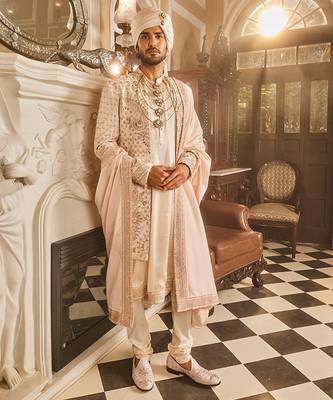 Ivory raw silk open embroidered sherwani 1