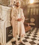 Ivory raw silk open embroidered sherwani