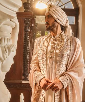 Ivory raw silk open embroidered sherwani 2