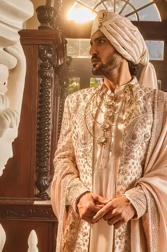 Ivory raw silk open embroidered sherwani