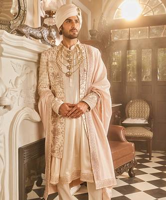Ivory raw silk open embroidered sherwani 3