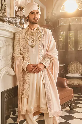 Ivory raw silk open embroidered sherwani