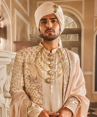 Ivory raw silk open embroidered sherwani 4
