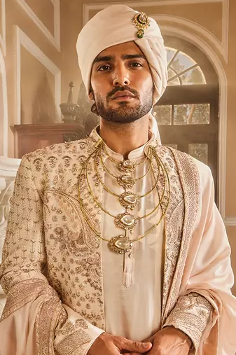 Ivory raw silk open embroidered sherwani