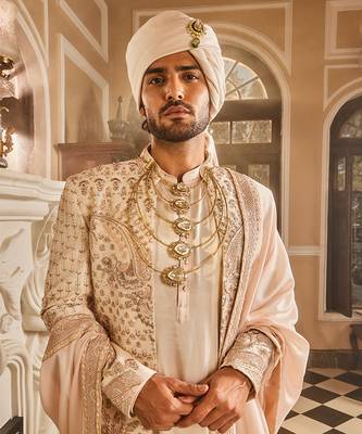 Ivory raw silk open embroidered sherwani 5