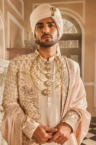 Ivory raw silk open embroidered sherwani