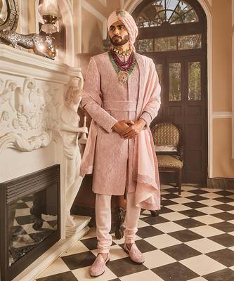 Crepe pink raw silk embroidered sherwani 1
