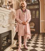 Crepe pink raw silk embroidered sherwani
