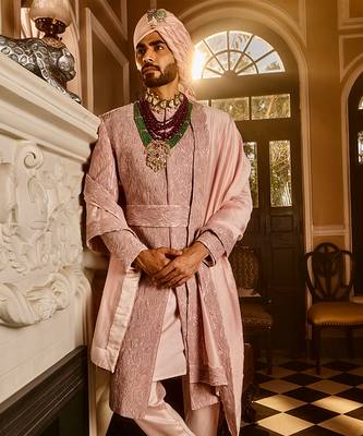 Crepe pink raw silk embroidered sherwani 2