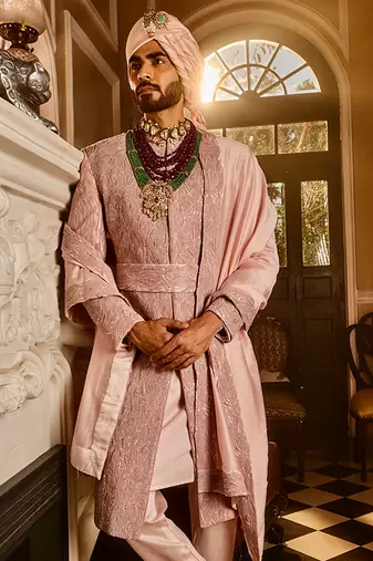 Crepe pink raw silk embroidered sherwani