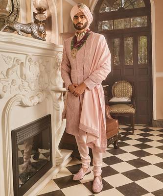 Crepe pink raw silk embroidered sherwani 3