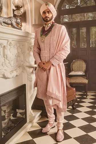 Crepe pink raw silk embroidered sherwani