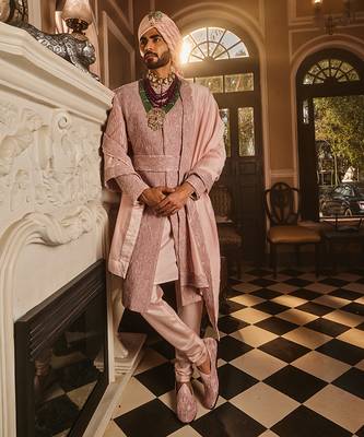 Crepe pink raw silk embroidered sherwani 4